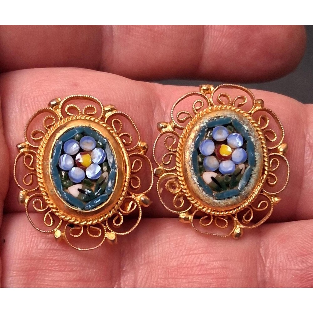 Vintage Micro Mosaic Earrings Filigree Clip Back